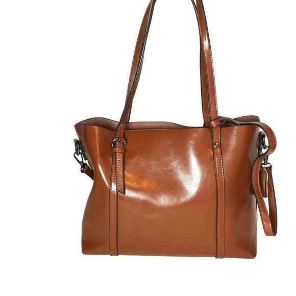 Brown Shoulder Handbag Faux Leather Tote Bag Zip Top - Picture 2 of 10
